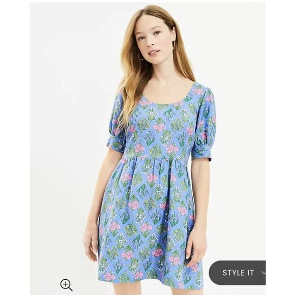 Loft Floral Print Scoop Neck Puff Sleeve Mini Dress Blue 6 - Picture 3 of 10